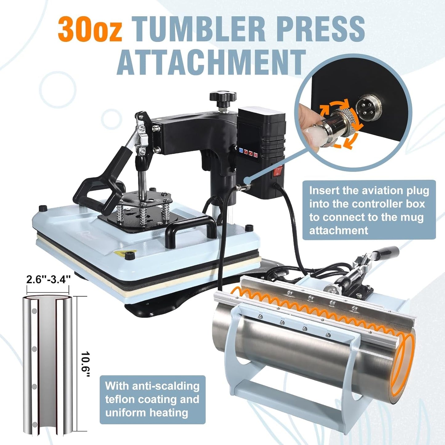 Heat Press Machine 12X15 Inch, 360° Swing Away 5 in 1 Heat Transfer Machine, Multifunctional Heat Transfer Press Machine with 30OZ Tumbler Attachment for Hat/Plate/T-Shirt/Mug, Blue