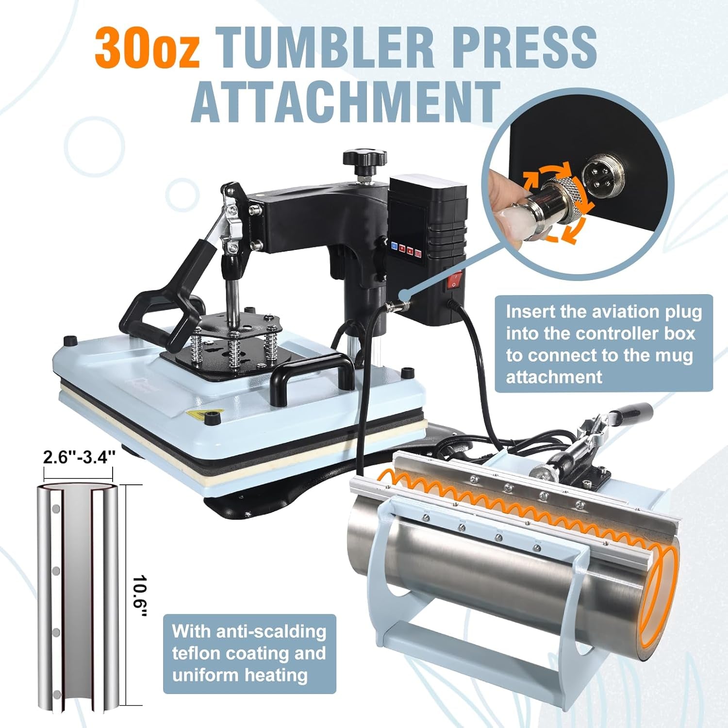 Heat Press Machine 12X15 Inch, 360° Swing Away 5 in 1 Heat Transfer Machine, Multifunctional Heat Transfer Press Machine with 30OZ Tumbler Attachment for Hat/Plate/T-Shirt/Mug, Blue
