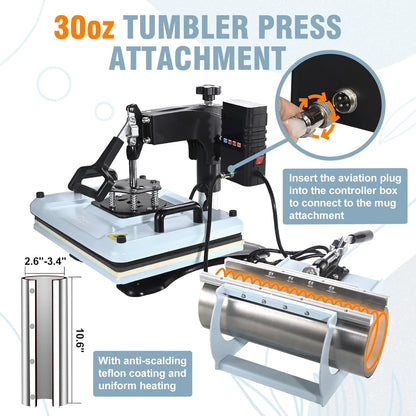 Heat Press Machine 12X15 Inch, 360° Swing Away 5 in 1 Heat Transfer Machine, Multifunctional Heat Transfer Press Machine with 30OZ Tumbler Attachment for Hat/Plate/T-Shirt/Mug, Blue