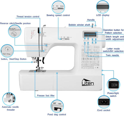 Portable Sewing Machine Computerized Embroidery Sewing Machine with 200 Unique Built-In Stitch and 8 Buttonholes