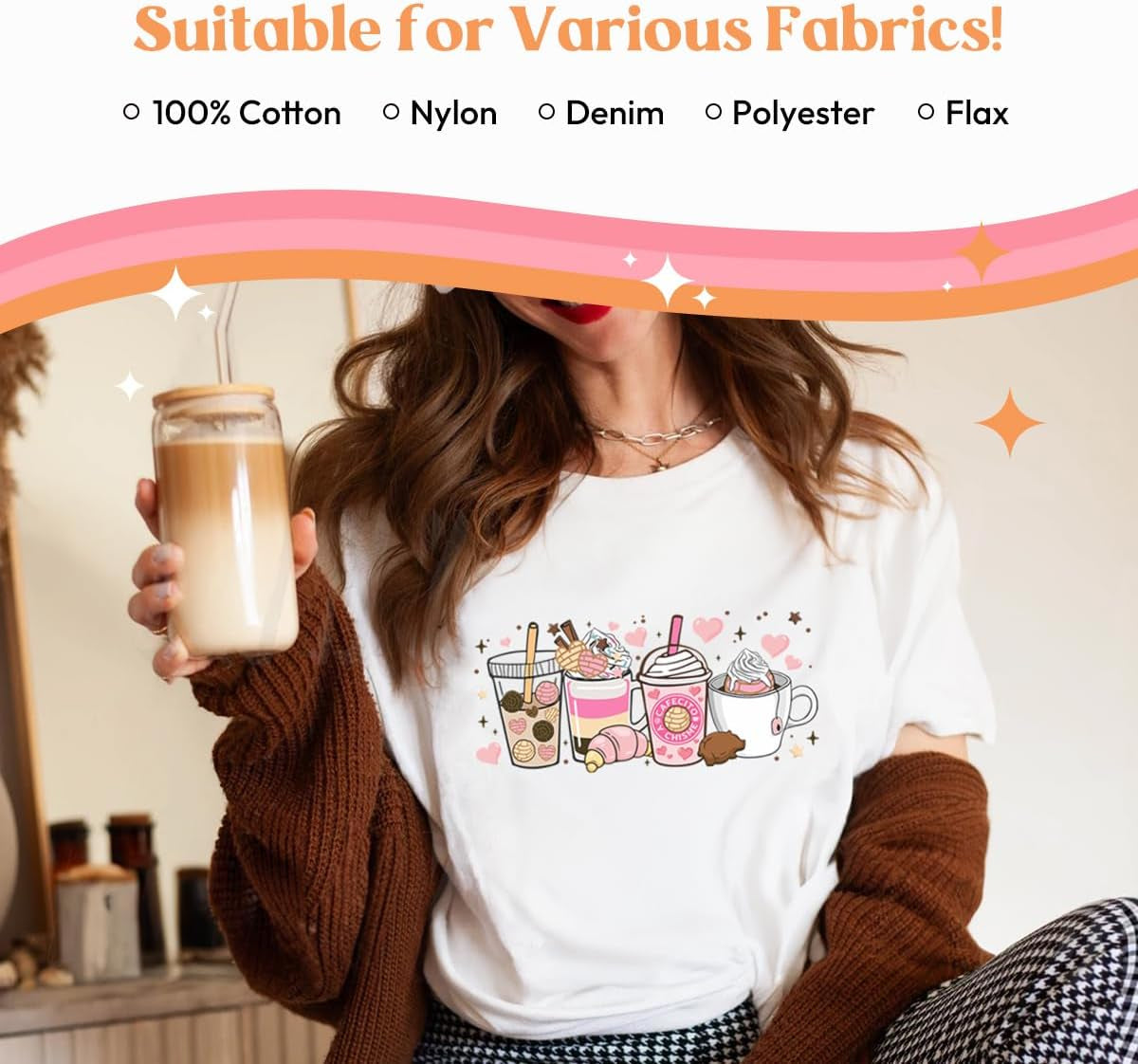 Kaciola 30 Sheets Coffee DTF Transfers Ready to Press, Coffee Iron on Transfers Washable Stickers Iron on Decals for T Shirts Hoodie DIY Crafts