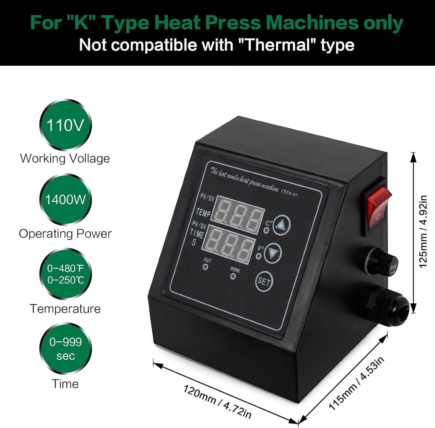 1400W Power Press Heat Press 15"X15", K-Type Temperature Controller Box with Time & Temperature LED Controller, K-Type Sublimation Transfer Machine for T-Shirt, Hat, Plate, Cup, Mug