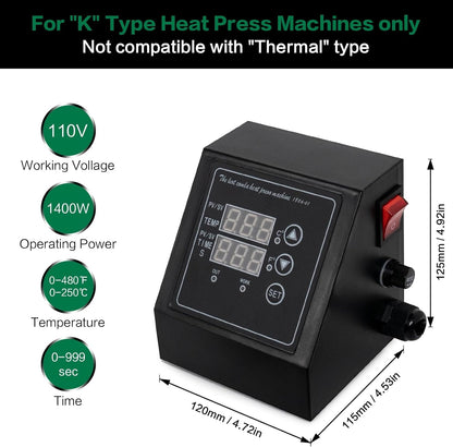 1400W Power Press Heat Press 15"X15", K-Type Temperature Controller Box with Time & Temperature LED Controller, K-Type Sublimation Transfer Machine for T-Shirt, Hat, Plate, Cup, Mug
