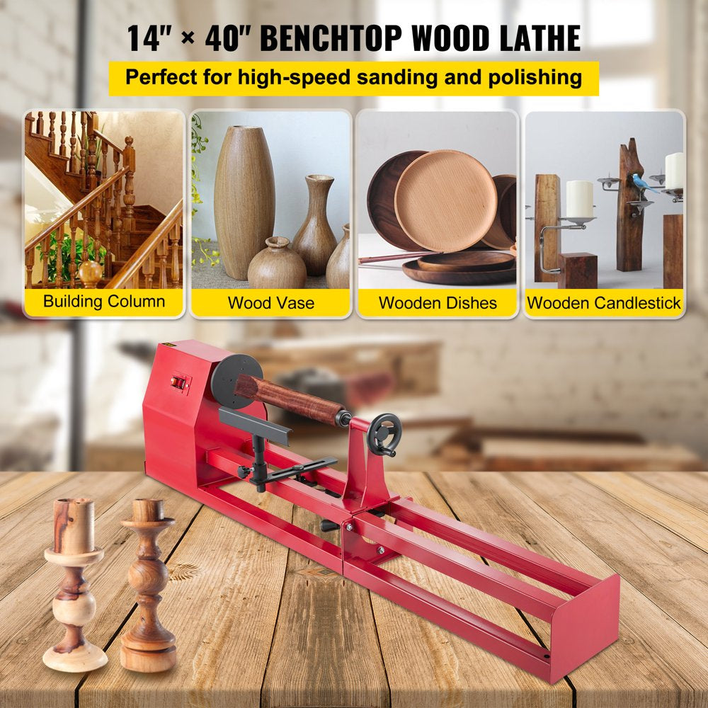 Wood Lathe 14" X 40", Power Wood Turning Lathe 1/2HP 4 Speed 1100/1600/2300/3400RPM, Benchtop Wood Lathe with 3 Chisels Perfect for High Speed Sanding and Polishing of Finished Work