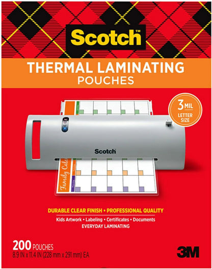 Thermal Laminating Pouches, 3 Mil, 200-Pack, Education Supplies & Craft Supplies, for Use with Thermal Laminators, Letter Size 8.9 X 11.4 In.