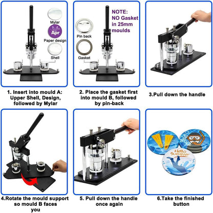 Chibuttons Pro 25Mm (1") Metric Button Maker Machine B400 Kit | All-Metal Craft Press with 500 Sets Components, Adjustable Circle Cutter & Moulds | Tiny Buttons, Mini Badges, Custom Pins (Black-New)