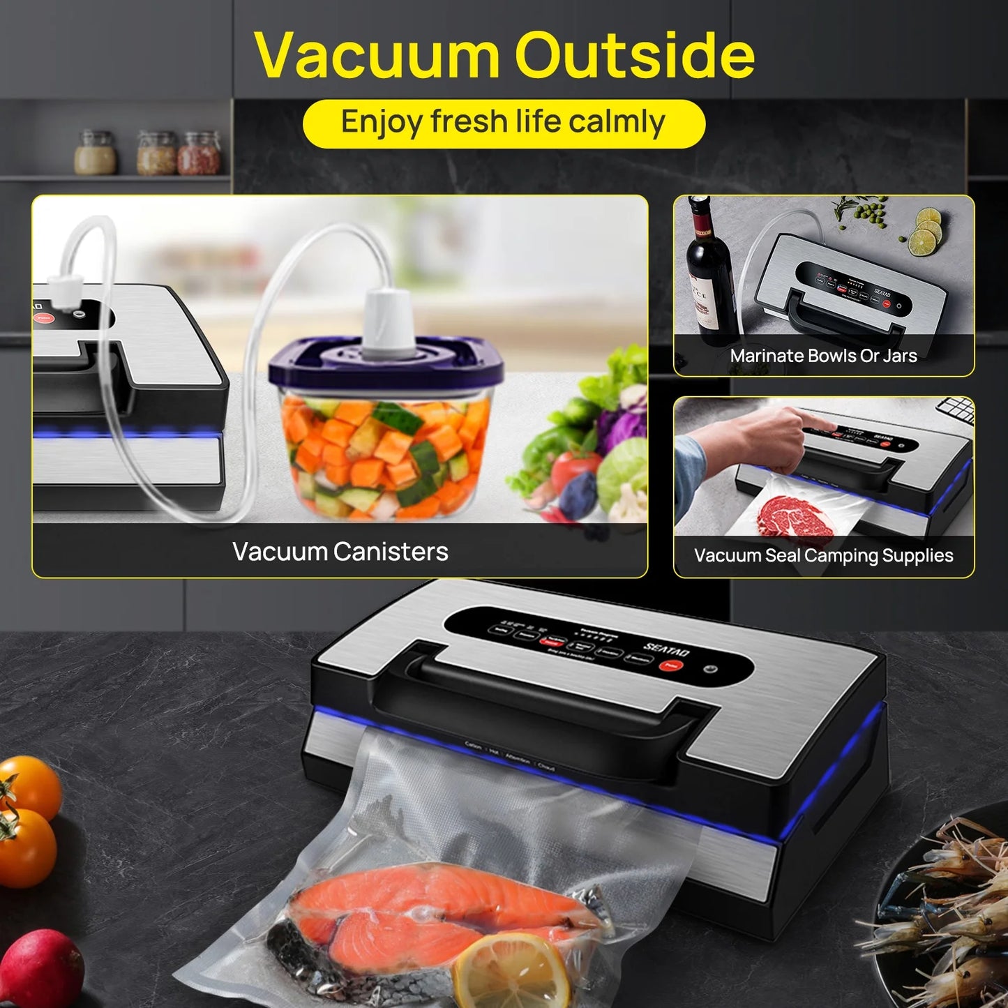 SEATAO VH5188 Vacuum Sealer, 90Kpa Multifunctional Food Vacuum Sealer, Dry , Wet , Food Three Modes
