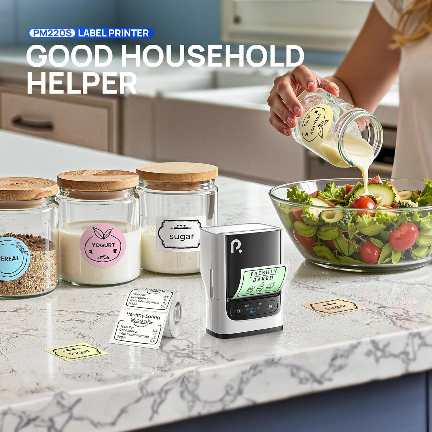 PM220S Label Maker Machine with Tape, 2 Inch Bluetooth Thermal Label Printer, Portable Sticker Printer for School, Office, Home, Business, Label Maker with 2'' X1.18'' Labels, White