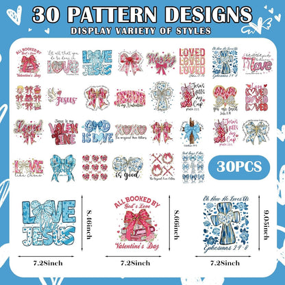 Dazoratix Christian Valentine Iron on Transfers - 30 Sheets Blue Pink Valentine'S Day Religious Jesus DTF Ready to Press Heat Patches Bible Verse Stickers Vinyl Decals for T Shirts Clothes DIY Crafts