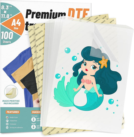 KASYU DTF Transfer Film with 2 Pcs Smart Printing Pads for All Sublimation and DTF Printers, 100 Sheets 8.5X11 Inch DTF Paper for All Color Fabric | DTF Film with Smart Printing Pad for Sublimation Hack All Fabrics