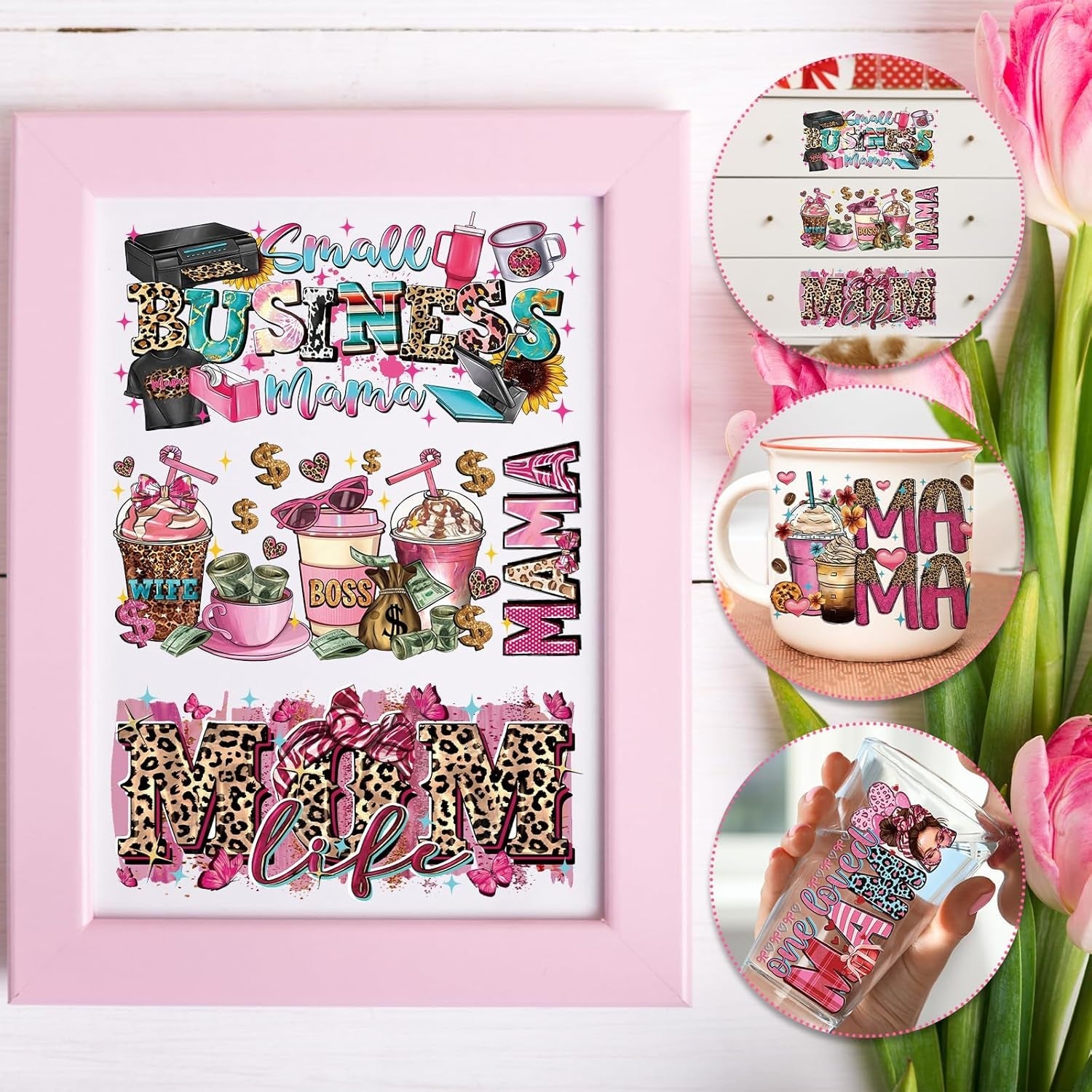 Mama UVDTF Cup Wrap - 8 Sheets Mom UV DTF Wraps for 16 Oz, Leopard Print UV DTF Stickers for Water Botters Glass Cups, Pink Coffee Bow Rub on Transfer Decals for Women