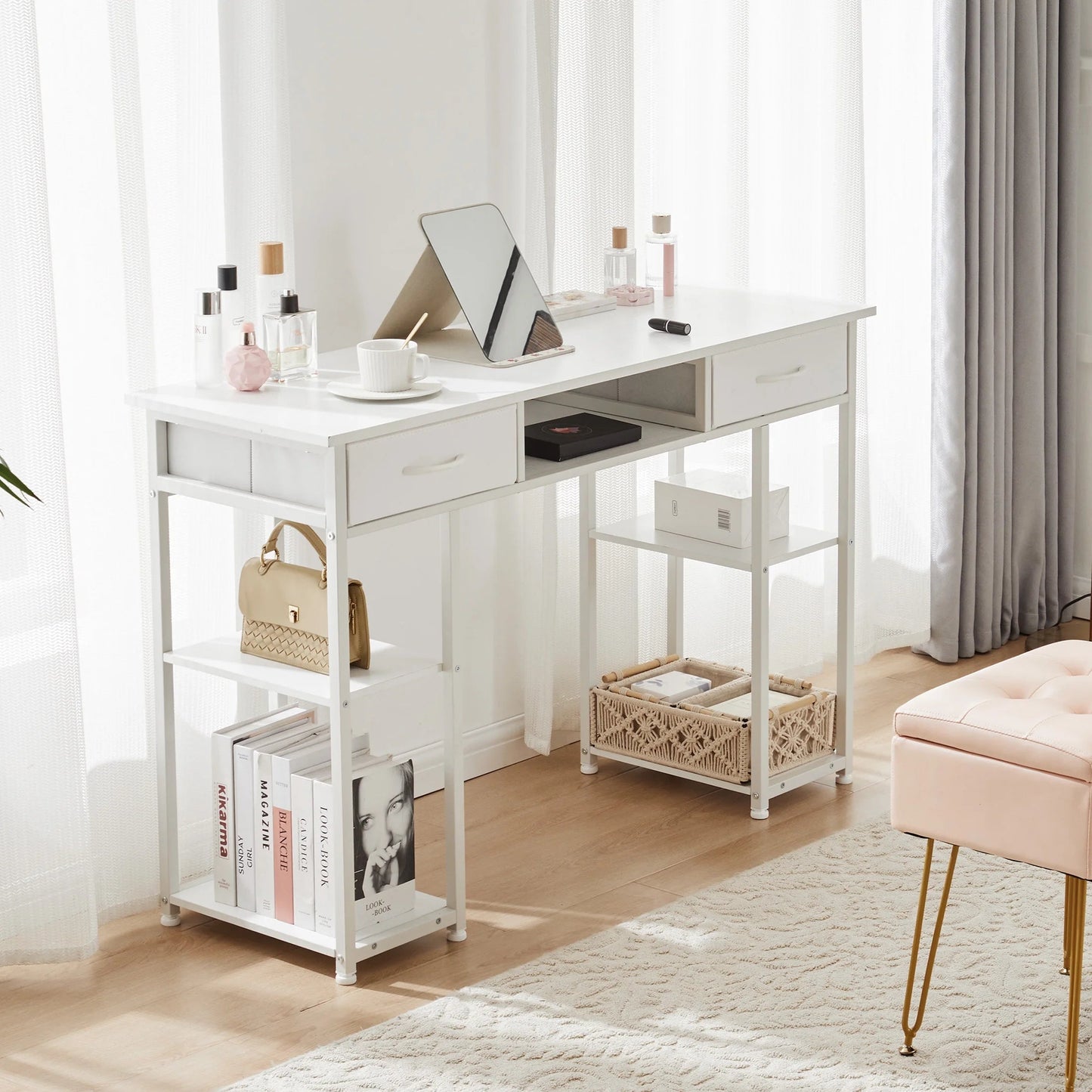 Small Desk Fabric Drawers & Storage Shelves, Home Office Computer Desk, Writing Desk Small Space Desk Study Table for Home, Bedroom, 48 Inch, White