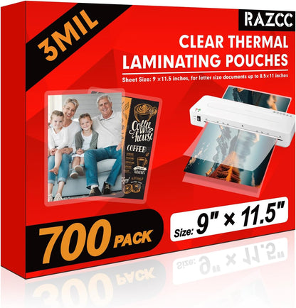 RAZCC Laminating Sheets, 700 Pack Clear Thermal Laminating Plastic Paper Laminator Sheets, 9 X 11.5-Inch, 3Mil, Ideal Office or School Supplies