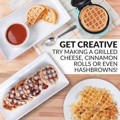 Nostalgia Mymini Personal Electric Waffle Maker, 5-Inch Cooking Surface, Waffle Iron for Hash Browns, French Toast, Grilled Cheese, Quesadilla, Brownies, Cookies, Aqua