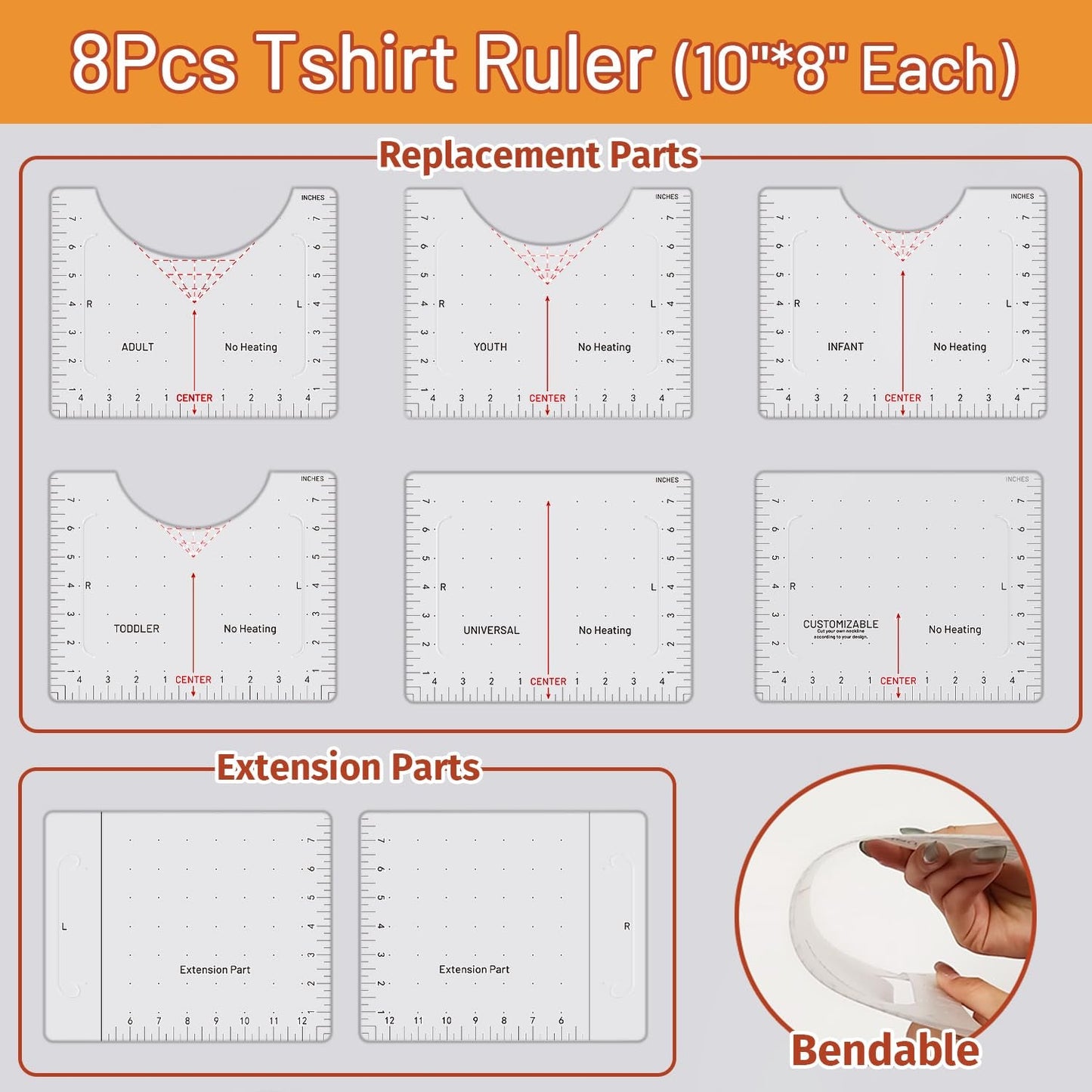 Transourdream 8Pcs Extended XL Tshirt Ruler Guide, Center Vinyl Alignment Ruler for round & V-Neck T-Shirts, Front Back Measurement Tool for Sublimation Heat Transfer