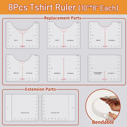 Transourdream 8Pcs Extended XL Tshirt Ruler Guide, Center Vinyl Alignment Ruler for round & V-Neck T-Shirts, Front Back Measurement Tool for Sublimation Heat Transfer