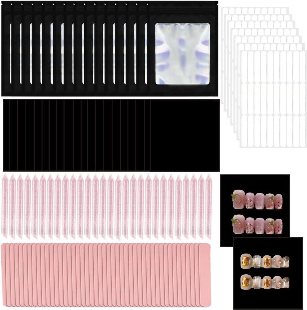 100 Set Press on Nail Tool Kit,Professional Nail Prep Application Disposable Kit with Nail File,Adhesive Tabs,Nails Sticks,Storage Bag and Black Cardboard for Nail Salon Home
