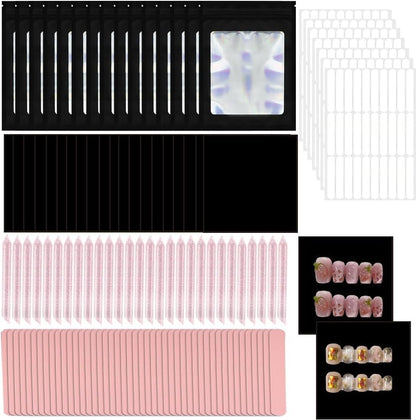 100 Set Press on Nail Tool Kit,Professional Nail Prep Application Disposable Kit with Nail File,Adhesive Tabs,Nails Sticks,Storage Bag and Black Cardboard for Nail Salon Home