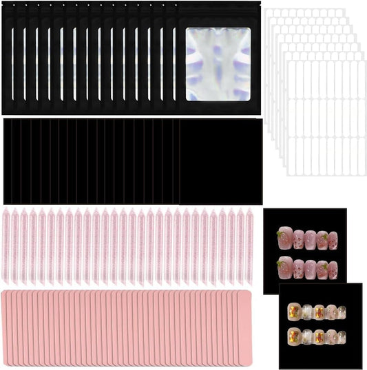 100 Set Press on Nail Tool Kit,Professional Nail Prep Application Disposable Kit with Nail File,Adhesive Tabs,Nails Sticks,Storage Bag and Black Cardboard for Nail Salon Home