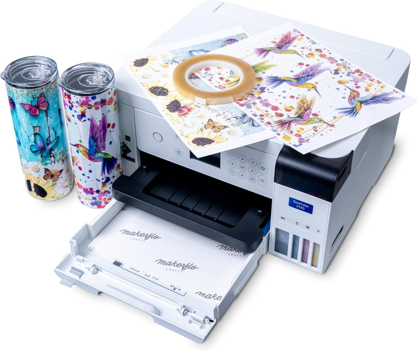 Epson Surecolor F170 Sublimation Starter Kit – Printer with CMYK Ink Set, Design Pack, 10 Sublimation Tumbler Pack, Sublimation Paper, Tape – Perfect for Beginners & Small Business