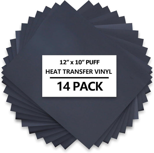 HTVVETUR 3D Puff Vinyl Heat Transfer 14PCS Puff HTV Sheets 12" X 10" Iron on Vinyl Puff Heat Transfer Vinyl for Heat Press T-Shirt Compatible with Cricut or Mark (Black)