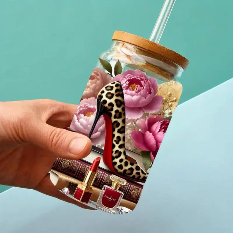 5Pcs Leopard Print Luxury High Heels UV DTF Cup Wraps Winter UV DTF Transfer Sticker for Glass Cups Furniture Craft DIY Crafts，Rub on Transfer Stickers for DIY Water Bottle Laptop Decal Wood Car