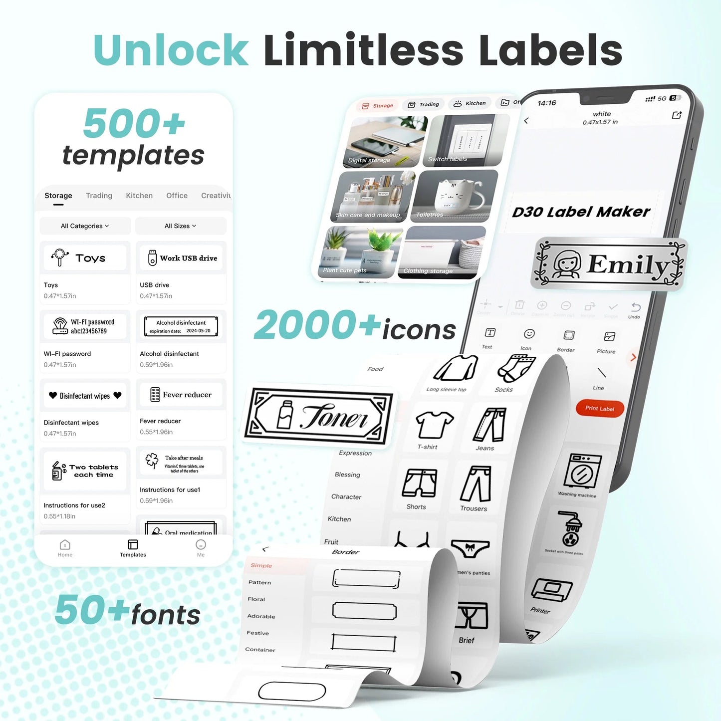 D30 Thermal Label Printer, Bluetooth Wireless Mini Pocket Smartphone Label Maker Machine with Tape, Compatible with Ios/Android, for Home, Office, and Supermarket(Gn)