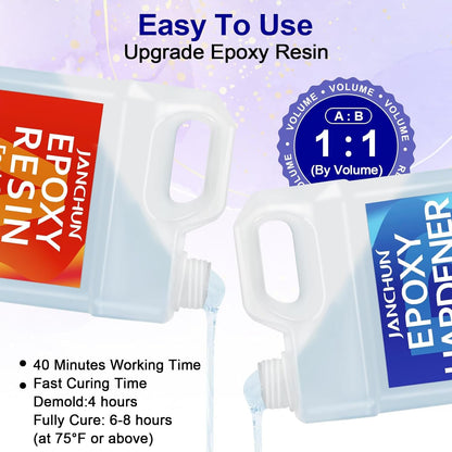 JANCHUN Crystal Clear Epoxy Resin Kit 2 Gallon, Bubble-Free, Anti-Yellowing, Self Leveling Easy Mix 1:1 Coating and Casting Resin for Table Top, Molds, Tumbler Crafts, Painting, Jewelry, DIY Gifts