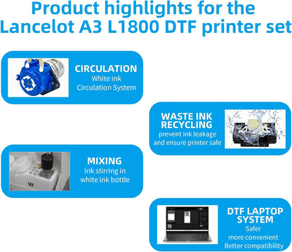 Lancelot A3 L1800 DTF Transfer Printing Machine with Roll Feeder, White Ink Circulation and Easy Operation,Dtf Printer Bundle for Dark and Light Clothing (Printer+Oven+Laptop+Consumable)