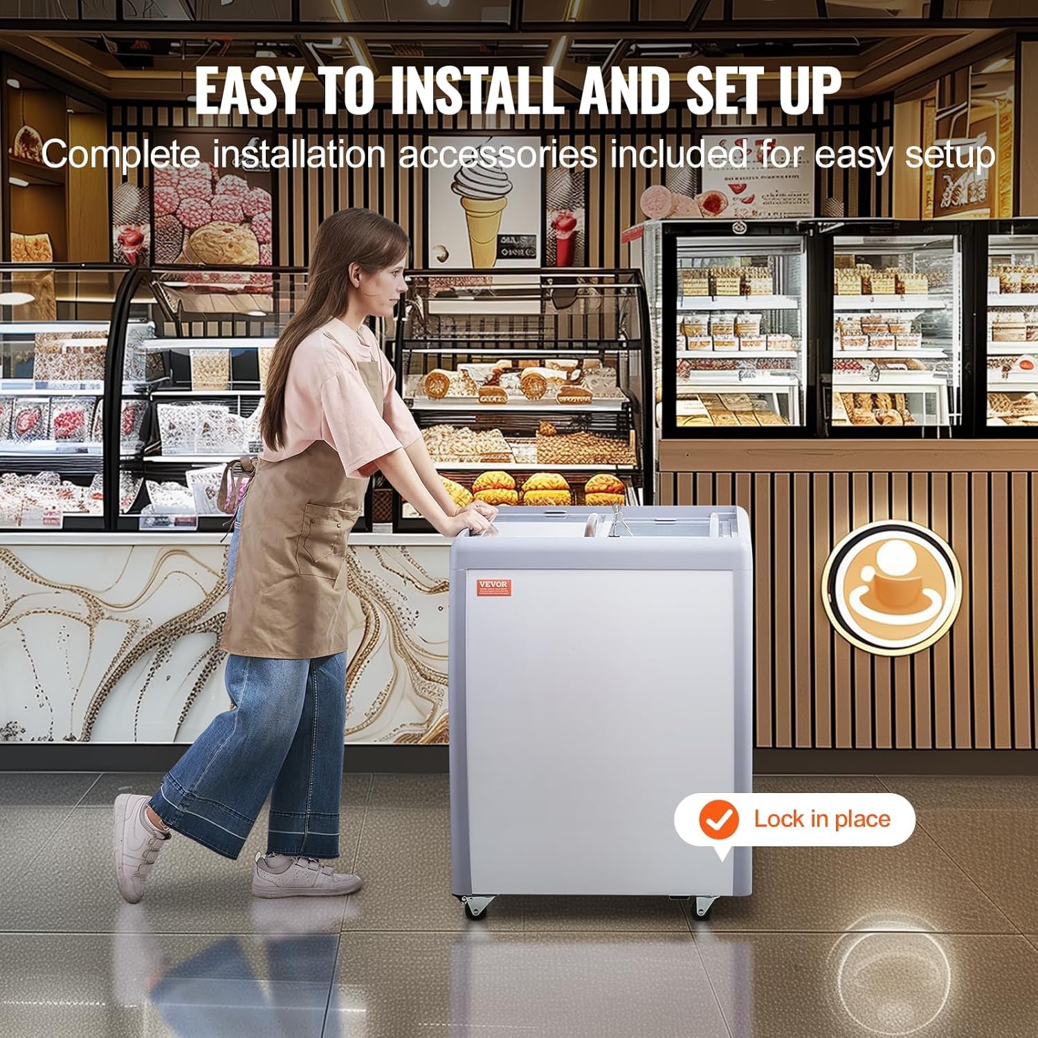 VEVOR Commercial Ice Cream Display Case, 5.6 Cu.Ft Chest Freezer, Mobile Glass Top Deep Freezer, Restaurant Gelato Dipping Cabinet, 2 Sliding Glass Doors, Locking Casters, White