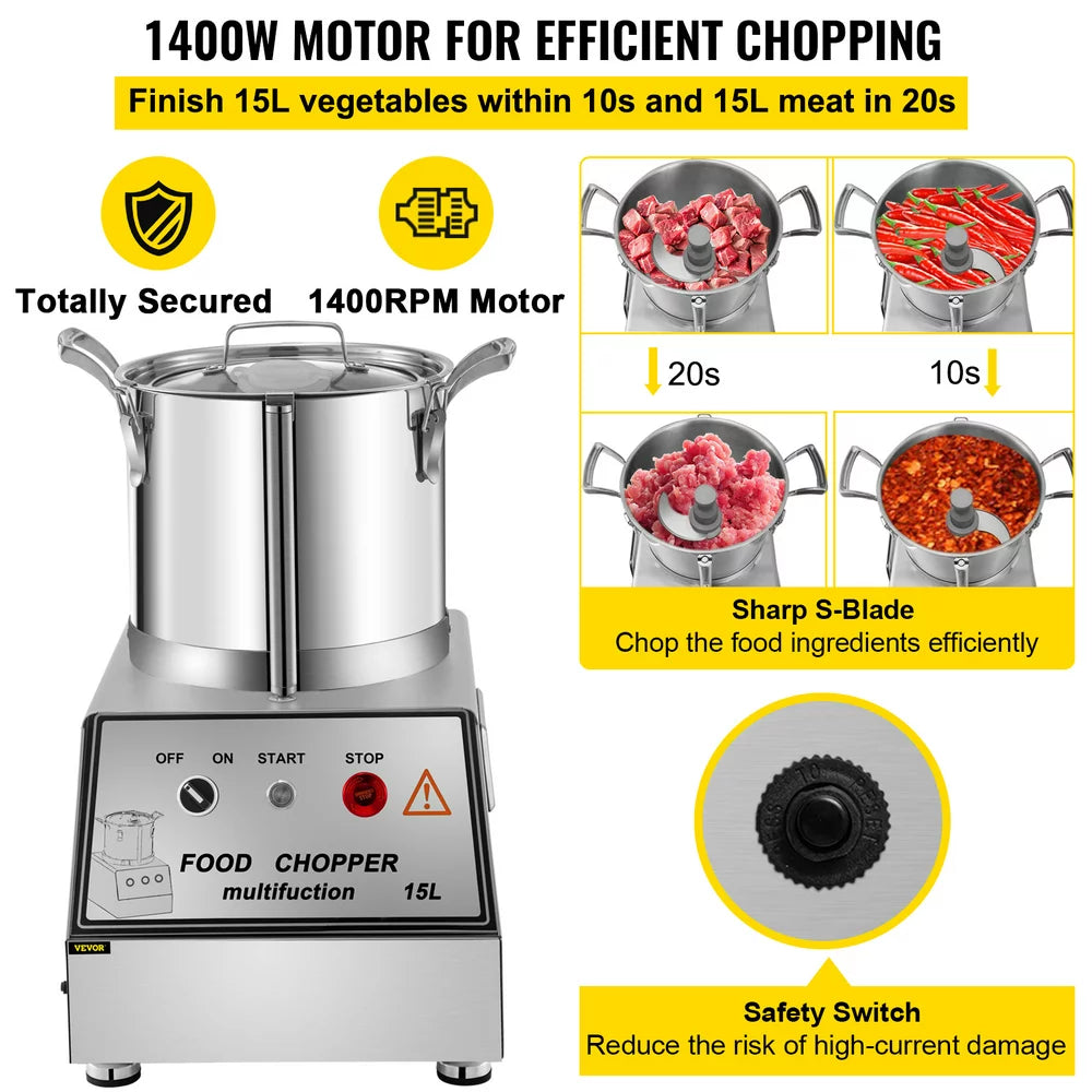 110V Commercial Food Processor 15L Stainless Steel Grain Grinder 1400W Electric Food Grinder Cutter Mixer Perfect for Meat or Vegetable Stuffing, Fruit or Peanut Jam, Grain Powder