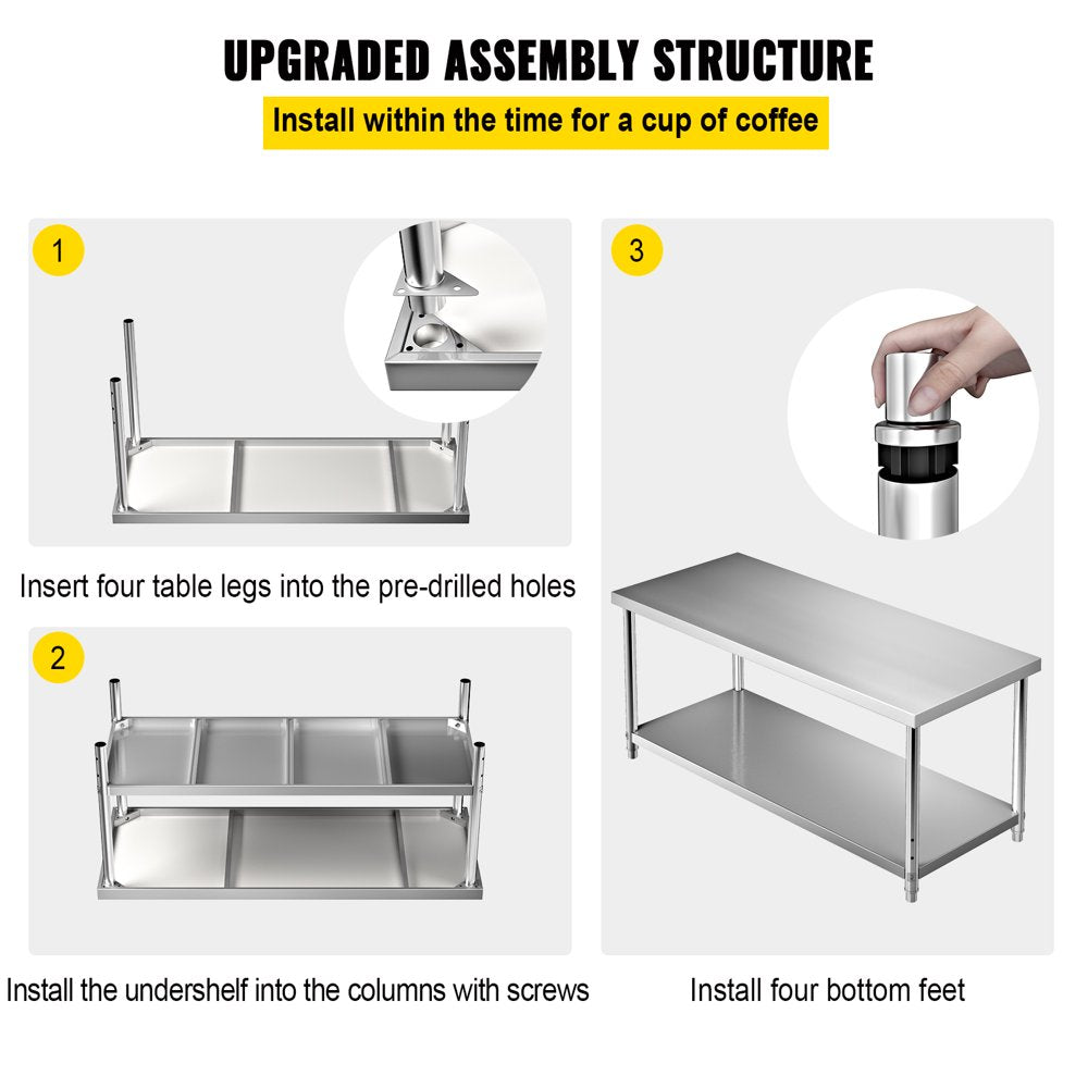 Stainless Steel Prep Table, 72 X 30 X 34 Inch, 550Lbs Load Capacity Heavy Duty Metal Worktable with Adjustable Undershelf, Commercial Workstation for Kitchen Restaurant Garage Backyard