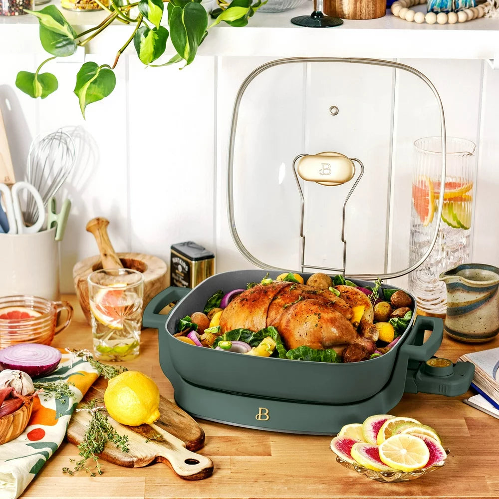 5 in 1 Electric Skillet - Expandable up to 7 Qt with Glass Lid, Thyme Green by Drew Barrymore