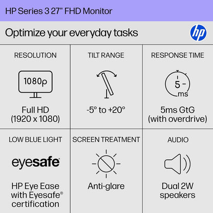HP Series 3 27 Inch FHD Monitor, Full HD Display (1920 X 1080), IPS Panel, 1300:1 Contrast Ratio, 250 Nits, Eye Ease with Eyesafe Certification, Black, 327Se (2025)
