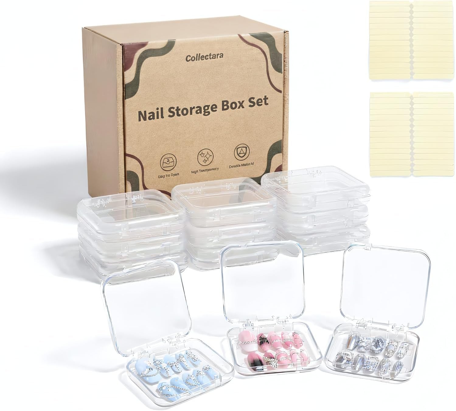 12 Pcs Press on Nail Storage Box with 60 Pcs Double Sided Adhesive Tapes, Nail Packaging Boxes Fake Nail Display Case Crystal Clear Nail Storage Box with Gift Box for Nail Art Business Nail Salon