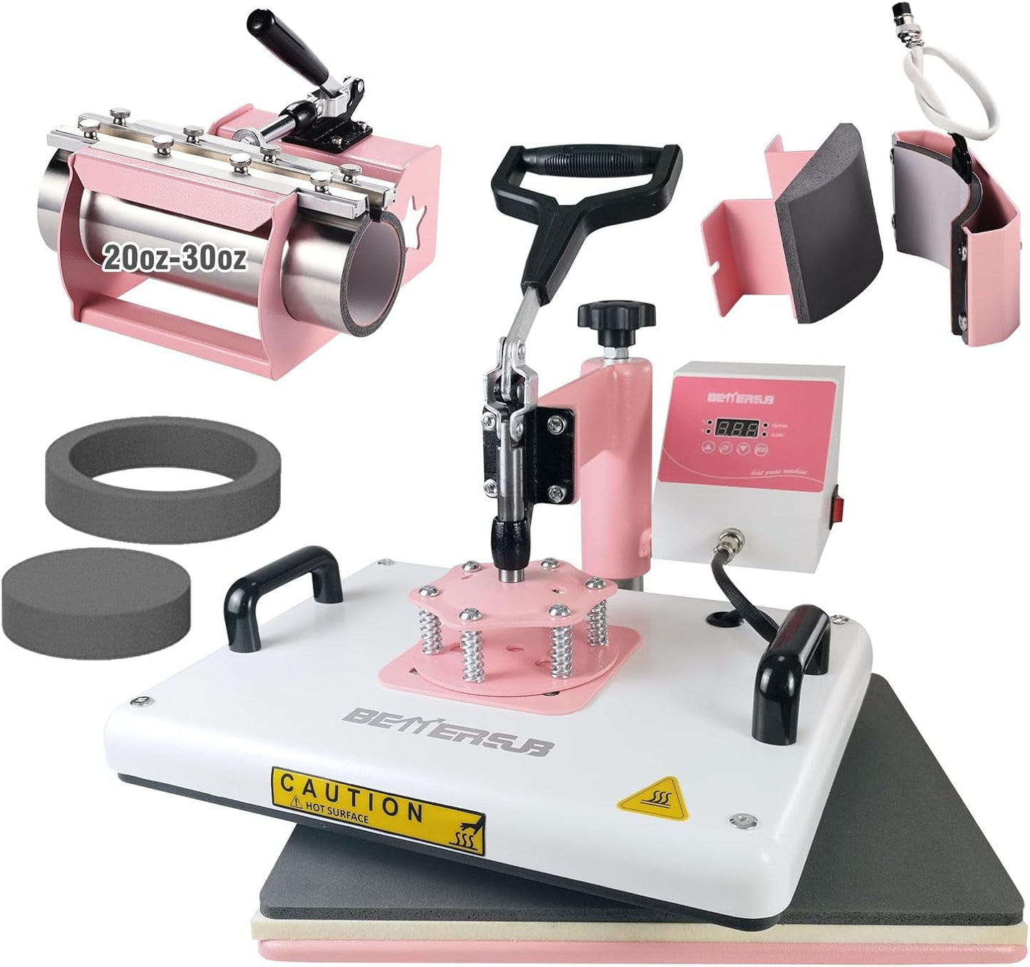Bettersub 5 in 1 Heat Press Machine 12X15 Inch, Industrial-Quality Sublimation Press with 30Oz Tumbler Attachment & Curved Hat Plate, 360° Swivel Design for T-Shirts, Vinyl, DTF Film - Pink