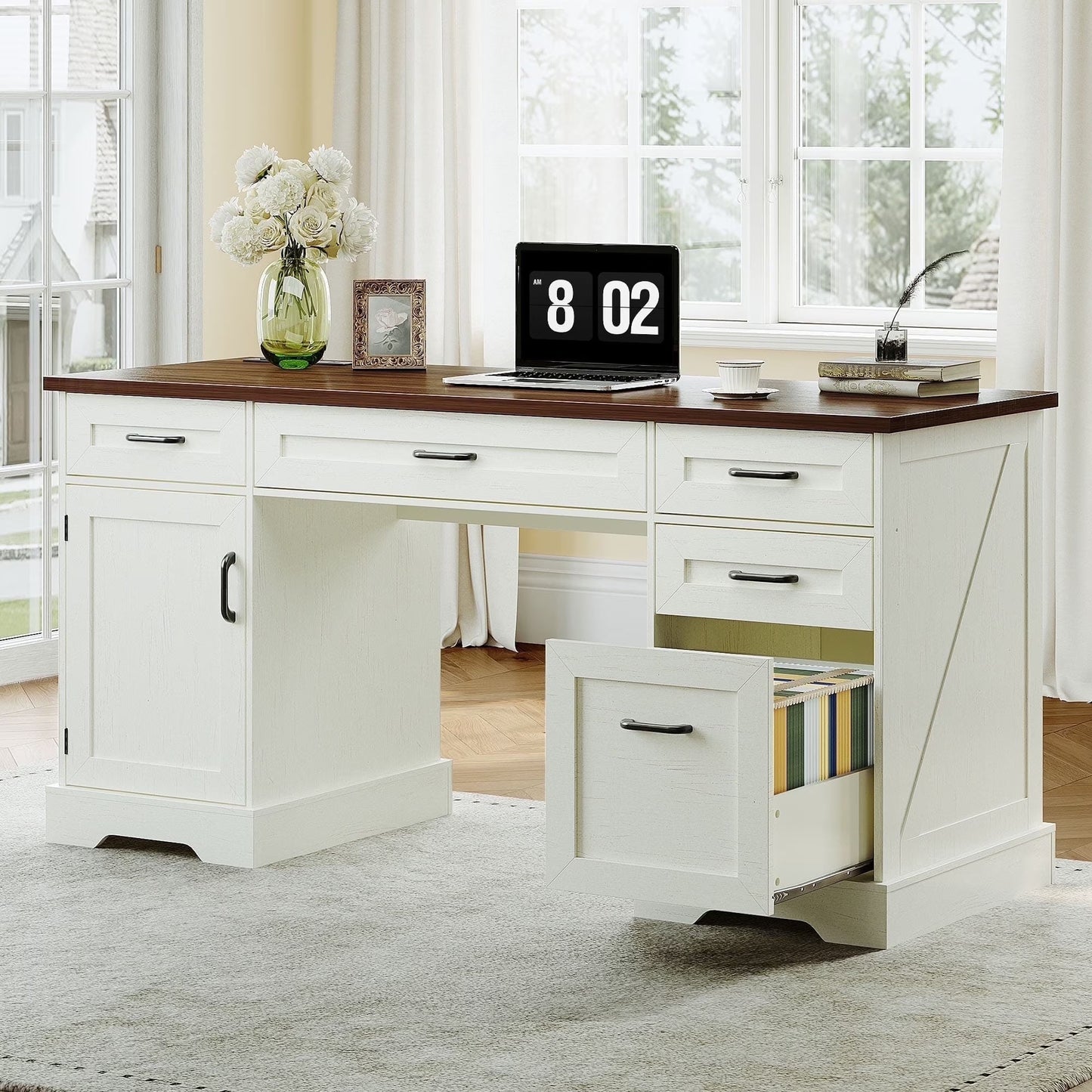Home Office Desk with File Cabinet and Drawers, 59" Executive Desk with USB Power Outlet, Storage Cabinet for CPU, Workstation Table for Study, Walnut & Warm White