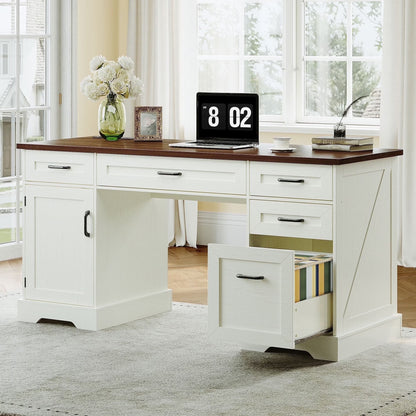 Home Office Desk with File Cabinet and Drawers, 59" Executive Desk with USB Power Outlet, Storage Cabinet for CPU, Workstation Table for Study, Walnut & Warm White