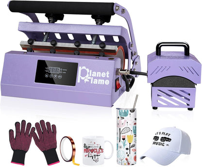 Tumbler and Hat Heat Press Machine, 2-In-1 Combo Machine for Cup and Cap with Gloves and High Temp Heat Resistant Tape for 11Oz-30Oz Sublimation Tumbler and All Caps, Purple