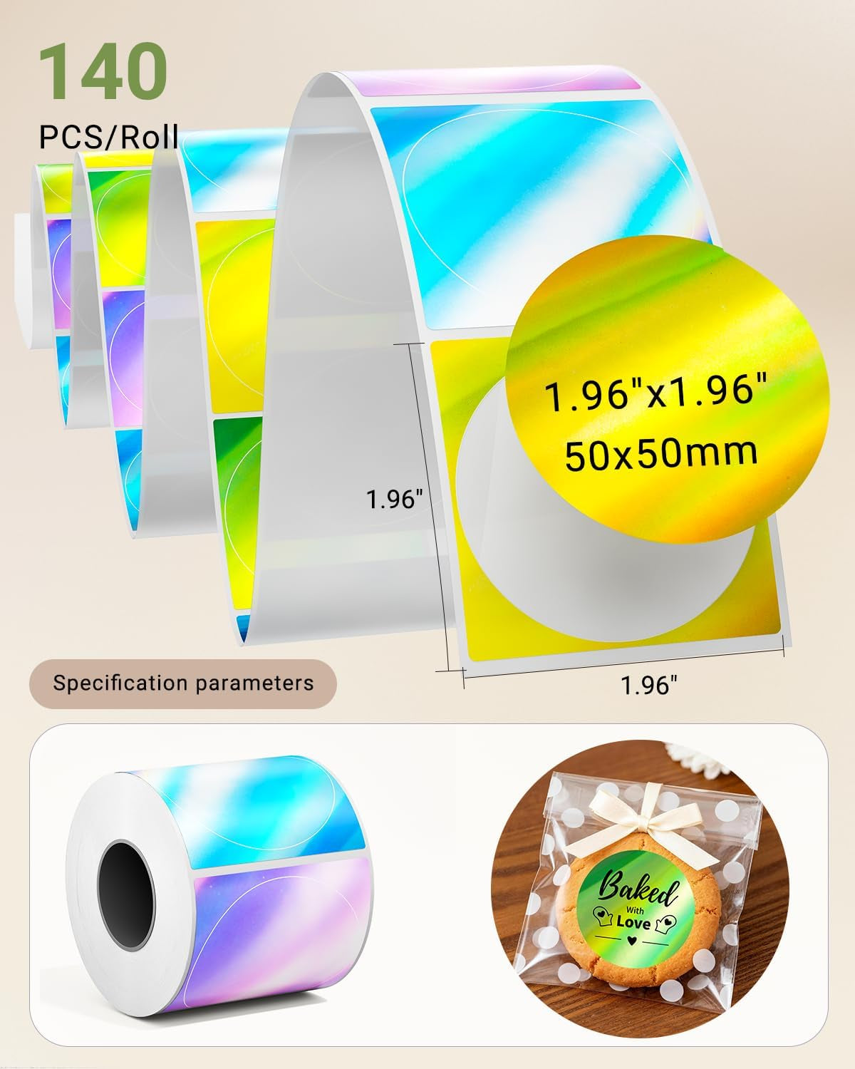 Phomemo 2 Inch Circle Thermal Labels,Holographic Thermal Stickers for M110/M100/M220/M108/M221 Label Makers, Self-Adhesive Thermal Paper for Logo, Candle, Baking,Canning, Small Business, 140Pcs/Roll