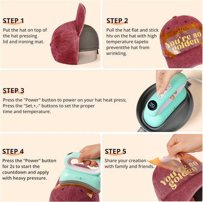 Hat Press Machine - Hat Press Heat Machine for Caps/Hats/Pillows Quickly and Evenly - Hat Heat Press Machine for Vinyl, Sublimation, Heat Transfer Projects, Light Green