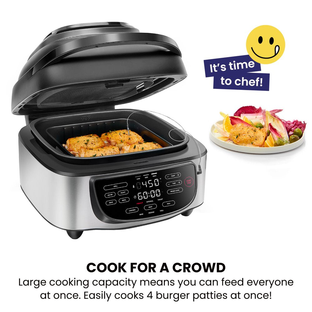 5-In-1 Air Fryer + Indoor Grill with Cooking Thermometer, 7.4Qt Capacity, Stainless Steel