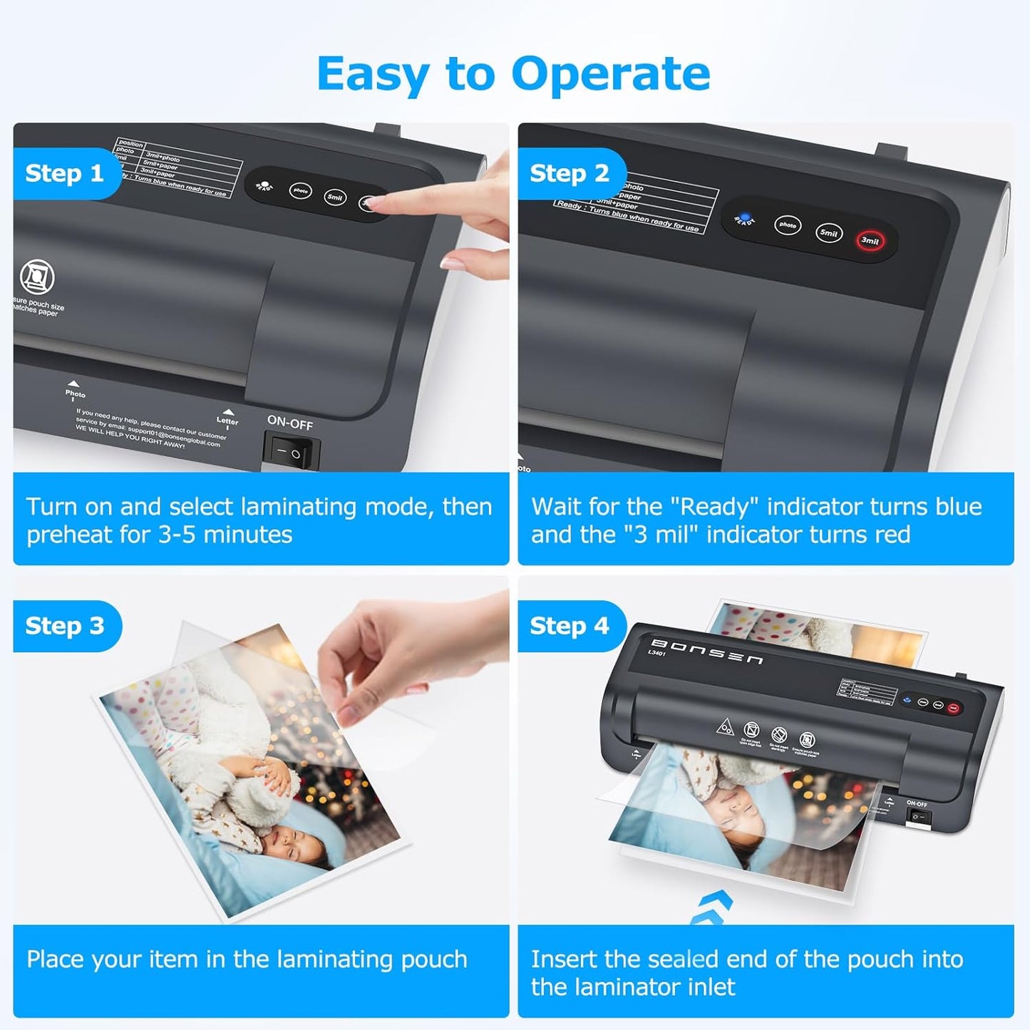 Bonsen 9-Inch Laminator Machine with 100 Sheets, Portable 4-In-1 Letter Size Thermal Laminating Machine with Jam-Free Tech for Teachers, DIY Crafting, Home Office Supplies, Black