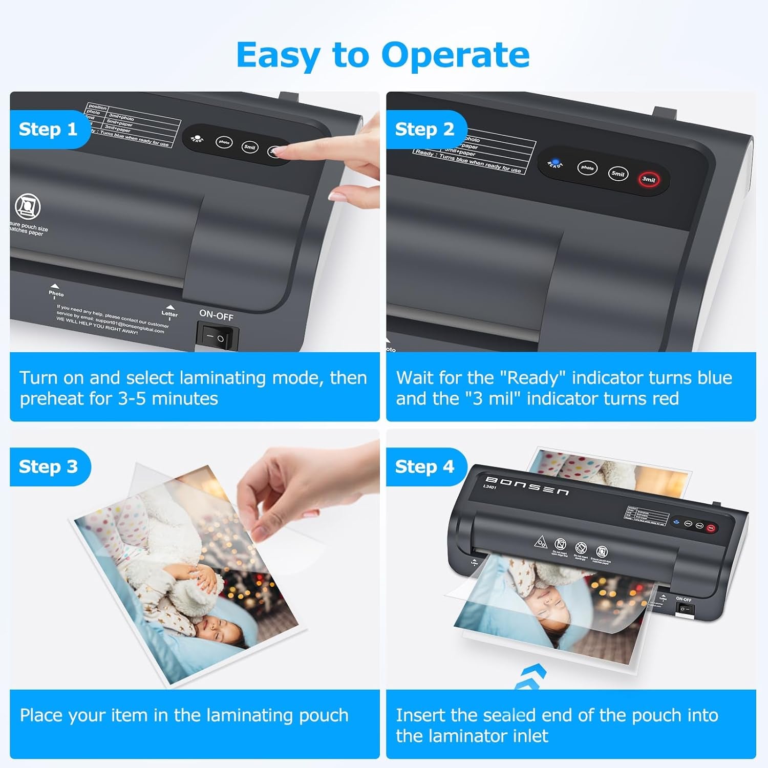 Bonsen 9-Inch Laminator Machine with 100 Sheets, Portable 4-In-1 Letter Size Thermal Laminating Machine with Jam-Free Tech for Teachers, DIY Crafting, Home Office Supplies, Black