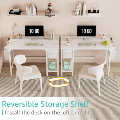 White Small Desk with Drawers - 40 Inch Computer Desk for Small Space Home Office, Modern Simple Study Writing Table PC Desks