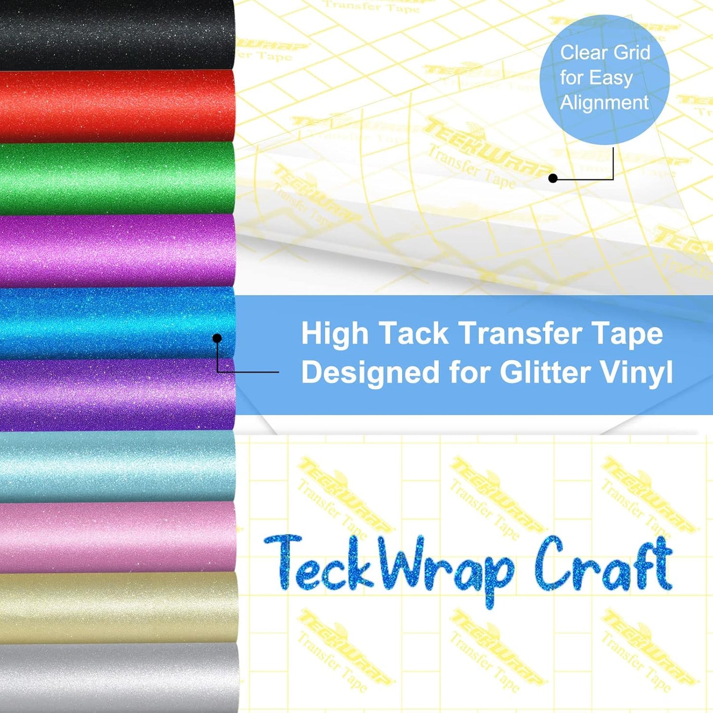 High Tack Transfer Paper Tape 12" X 10 FT for Shimmer Glitter Vinyl with Yellow Grid Perfect Alignment for Adhesive Vinyl, Decals,Signs,Walls,Windows and Other Smooth Surfaces
