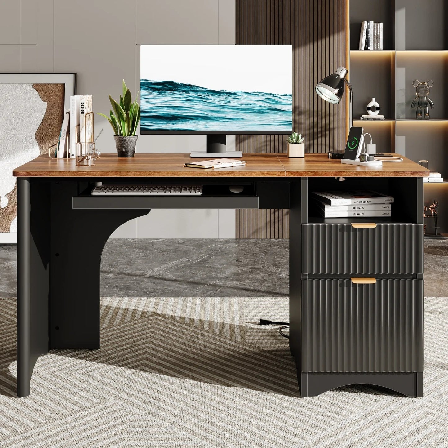 55" Computer Writing PC Desk Home Office with Power Outlets Keyboard Tray and Storage Drawers, Black