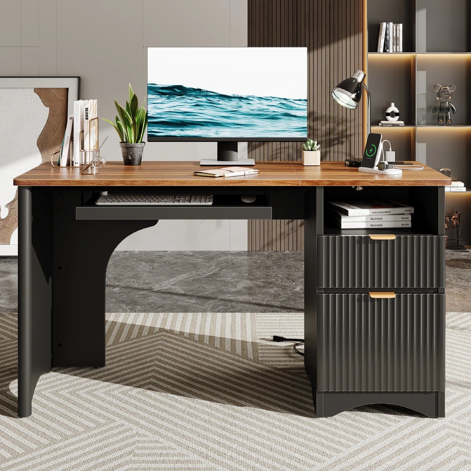 55" Computer Writing PC Desk Home Office with Power Outlets Keyboard Tray and Storage Drawers, Black