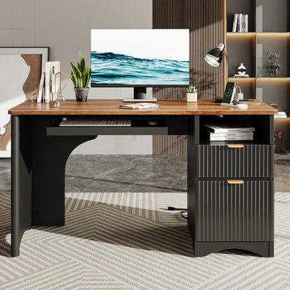 55" Computer Writing PC Desk Home Office with Power Outlets Keyboard Tray and Storage Drawers, Black