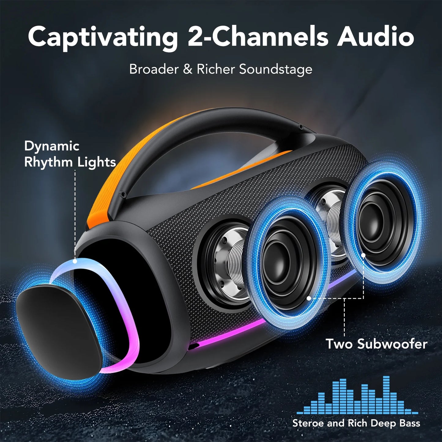 Outdoor Bluetooth Speaker, 80W Loud Speaker with Bass, Speakers Bluetooth Wireless with 24H Long Battery Life, IPX7 Waterproof, Speakers for Pool Beach Party, Portable Speaker with TWS (Black)